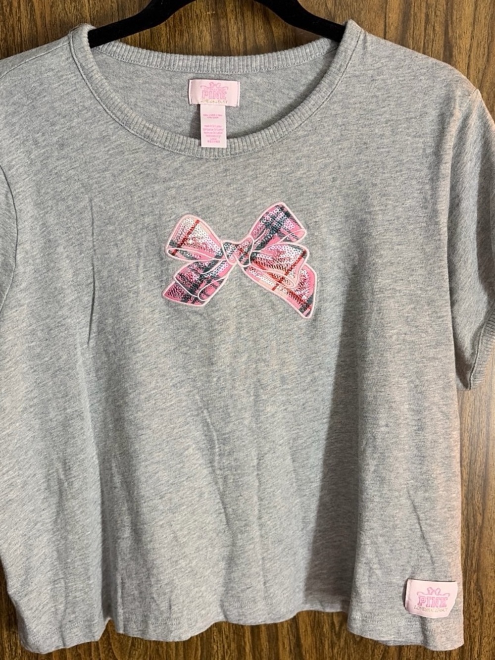LoveShackFancy Gray Short Sleeve Tee with Pink Bow Applique